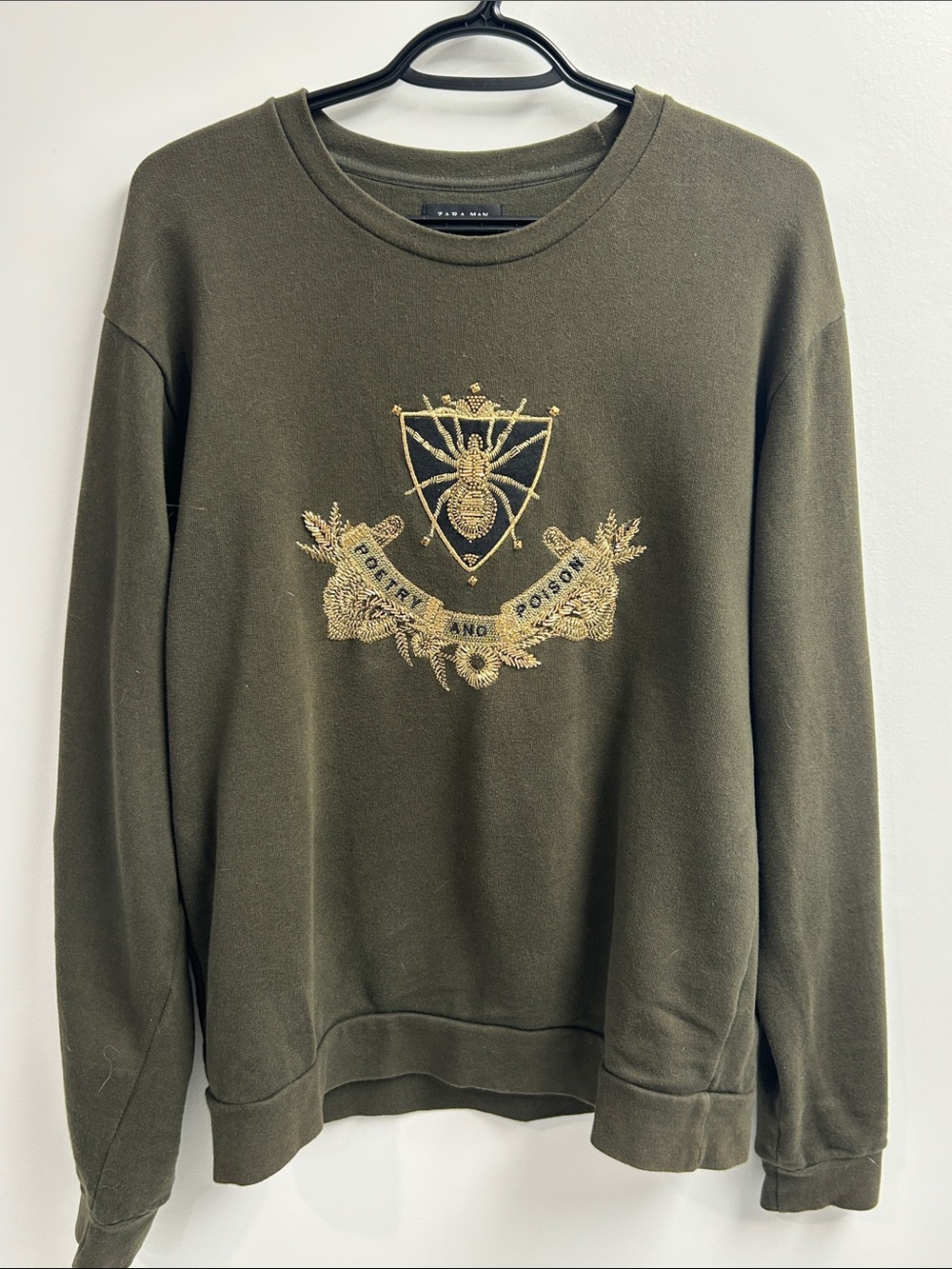 Zara Men Olive Crewneck Sweater with Gold Crest Embroidery